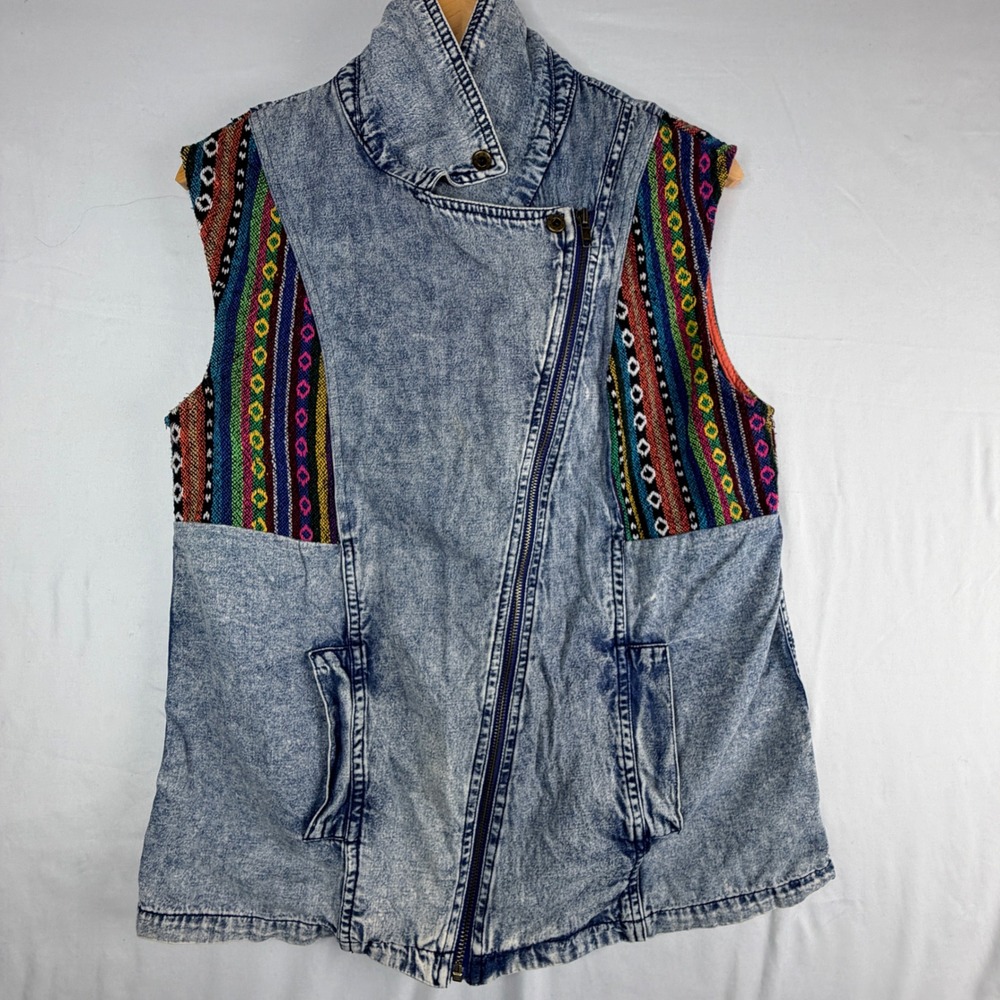 Billy by Flying Tomato Denim Vest M Blue Acid Wash Southwestern Tribal Moto Y2k